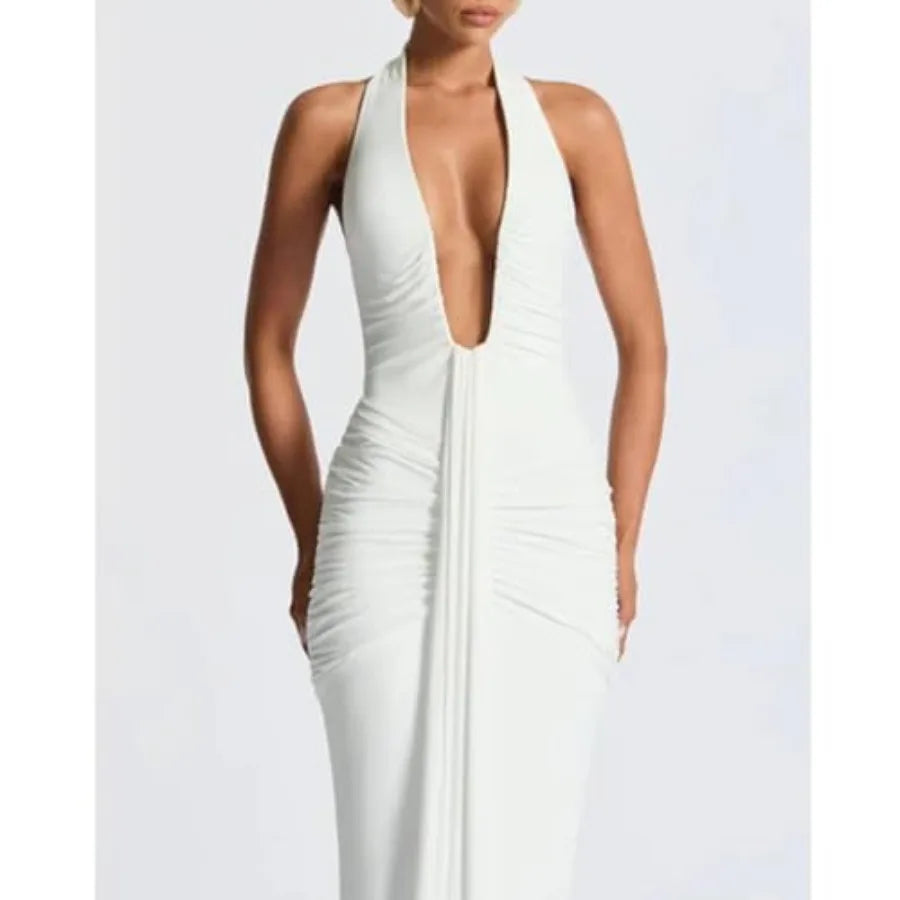 ABYOVRT Women Deep V Neck Ruched Maxi Dress Sleeveless Halter Gown Cocktail Evening Formal Dresses