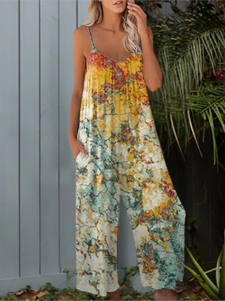 Women Sleeveless Printing Beach Boho Casual Jumpsuit Summer Vacation High Street Romper Casual Overalls Wide Leg Trousers