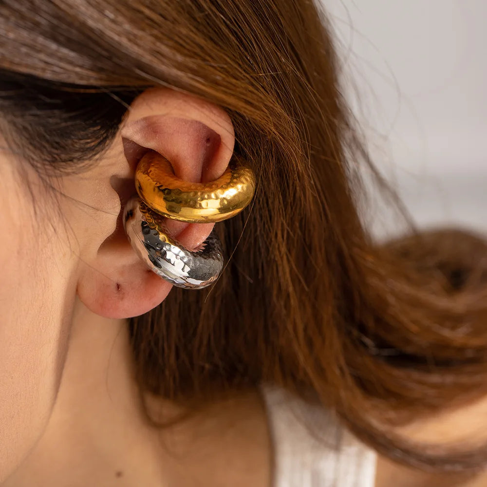 Punk Vintage Chunky Geometric Round Ear Cuff Stainless Steel Metal Texture Thick C Shape Non Piercing Ear Clip