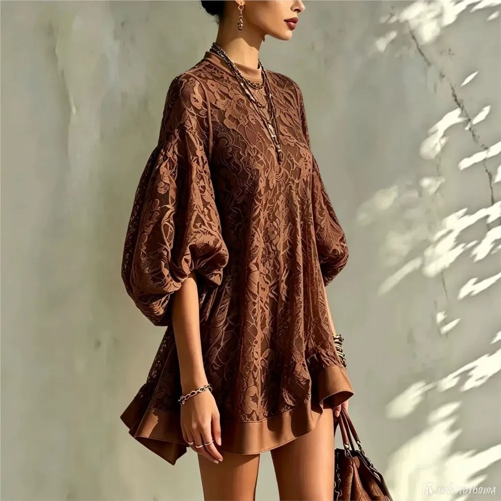 Women Solid Floral Lace Mini Dress Autumn O Neck Lantern Sleeve Mesh Sheer Loose Dresses Boho Casual Beach Holiday Ruffle Dress