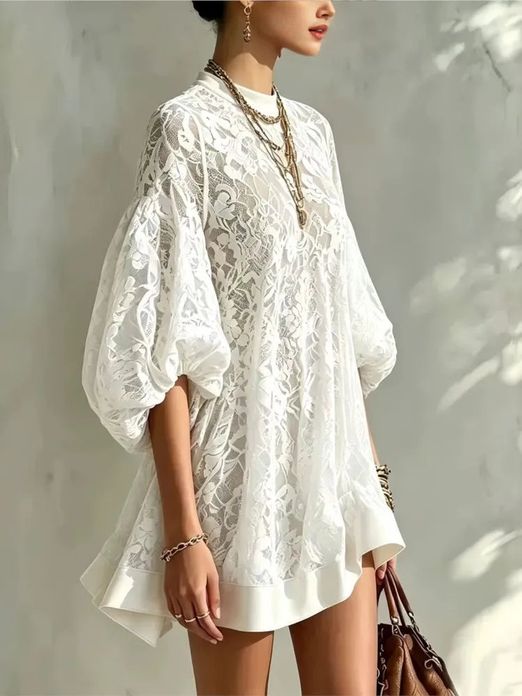 Women Solid Floral Lace Mini Dress Autumn O Neck Lantern Sleeve Mesh Sheer Loose Dresses Boho Casual Beach Holiday Ruffle Dress