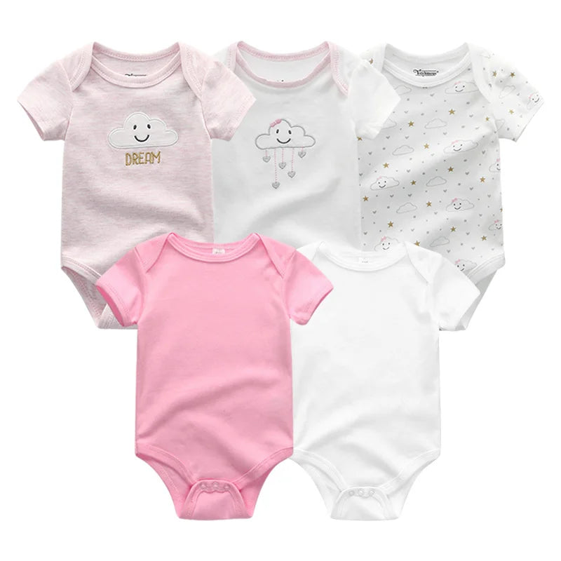 Newborn Bodysuits Unisex 5Pieces Baby Girl Clothes Solid Color Cotton Baby Boy Clothes Set Cartoon Print Summer Bebes