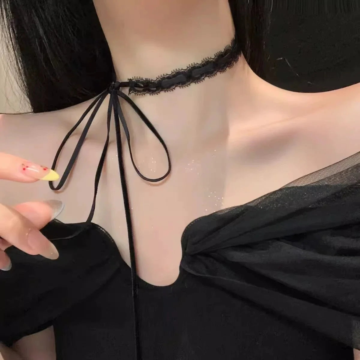 Black White Lace Bow Choker Necklaces for Women Gothic Dark Bow Strap Sweet Sexy Collar Necklace Party Female Jewelry Harajuku