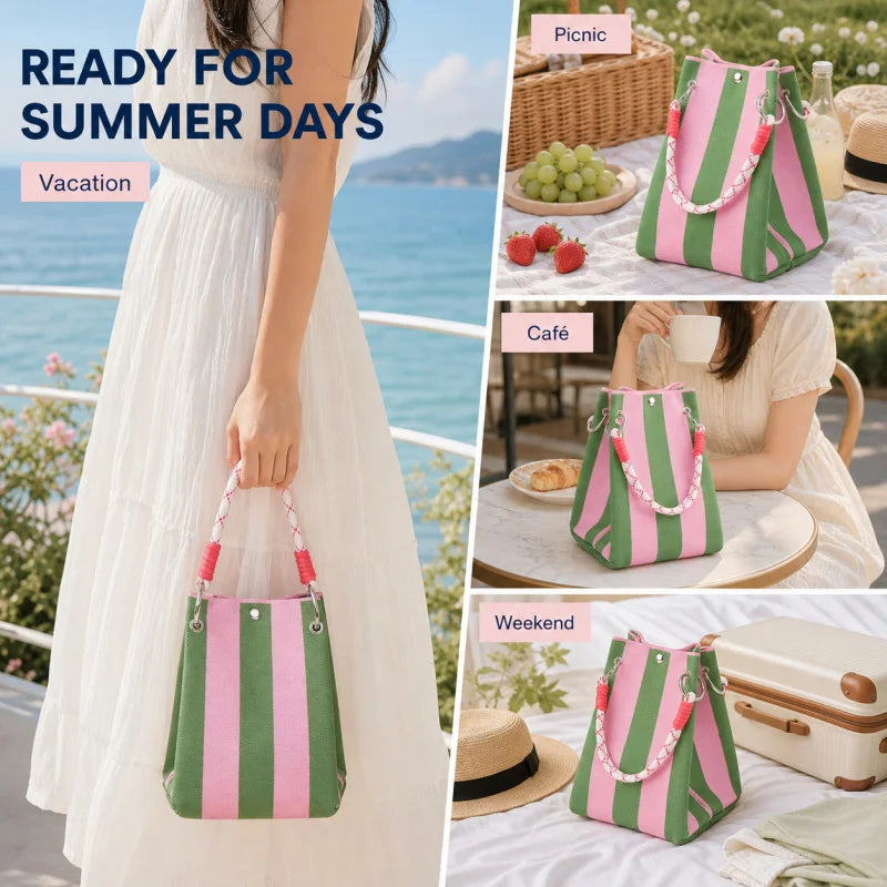 Korean Style Mini Knit Tote Bag Women Striped Crochet Bucket Handbag Lightweight Summer Daily Shoulder Purse For Vacation