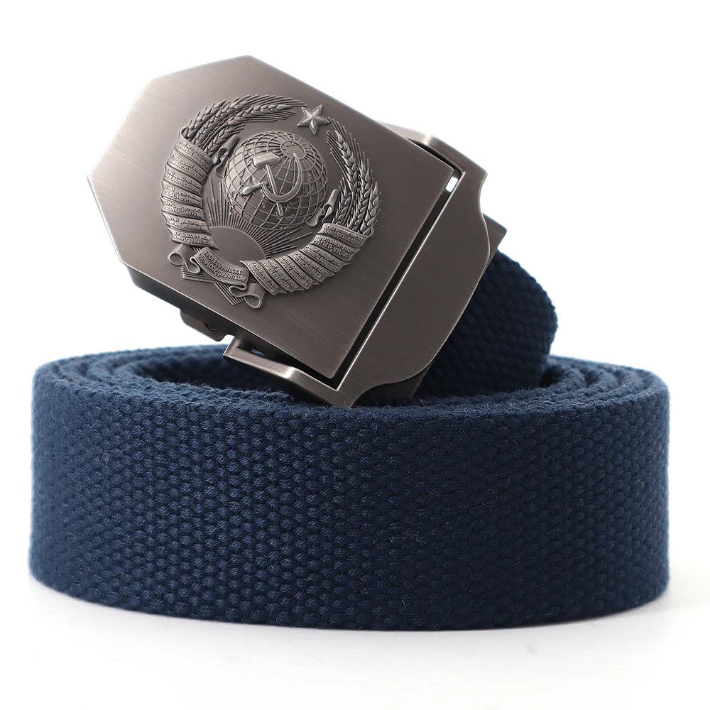 Mens Canvas Outdoor Tactical Army Belt 3D Soviet National Emblem Metal Buckle Unisex Jeans Belt for Men Military Training Belts
