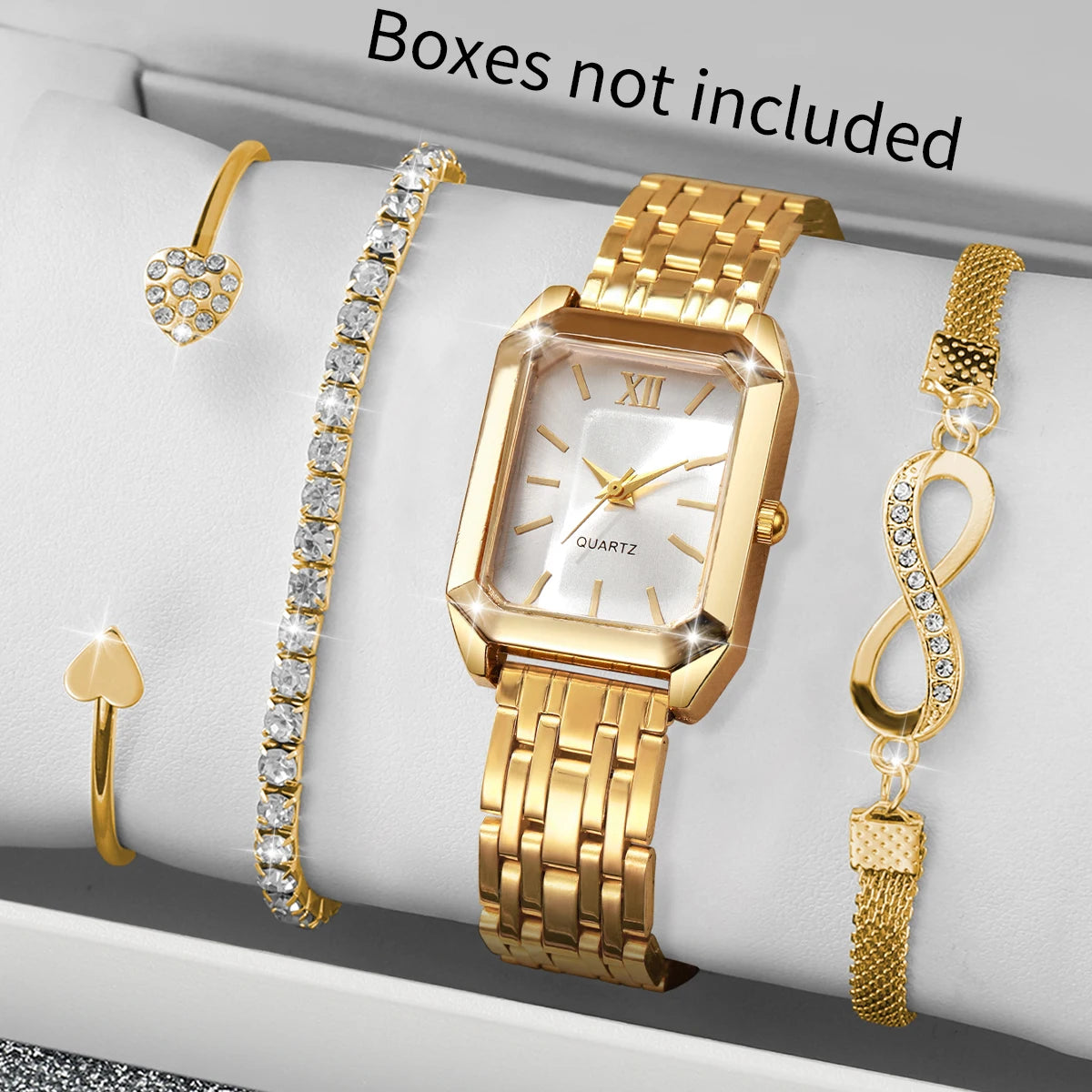 4PCS Fashion Rectangle Women Watch Rhinestone Bracelets Set Elegant Roma Dial Quartz Wristwatches Reloj Mujer (Without Box)