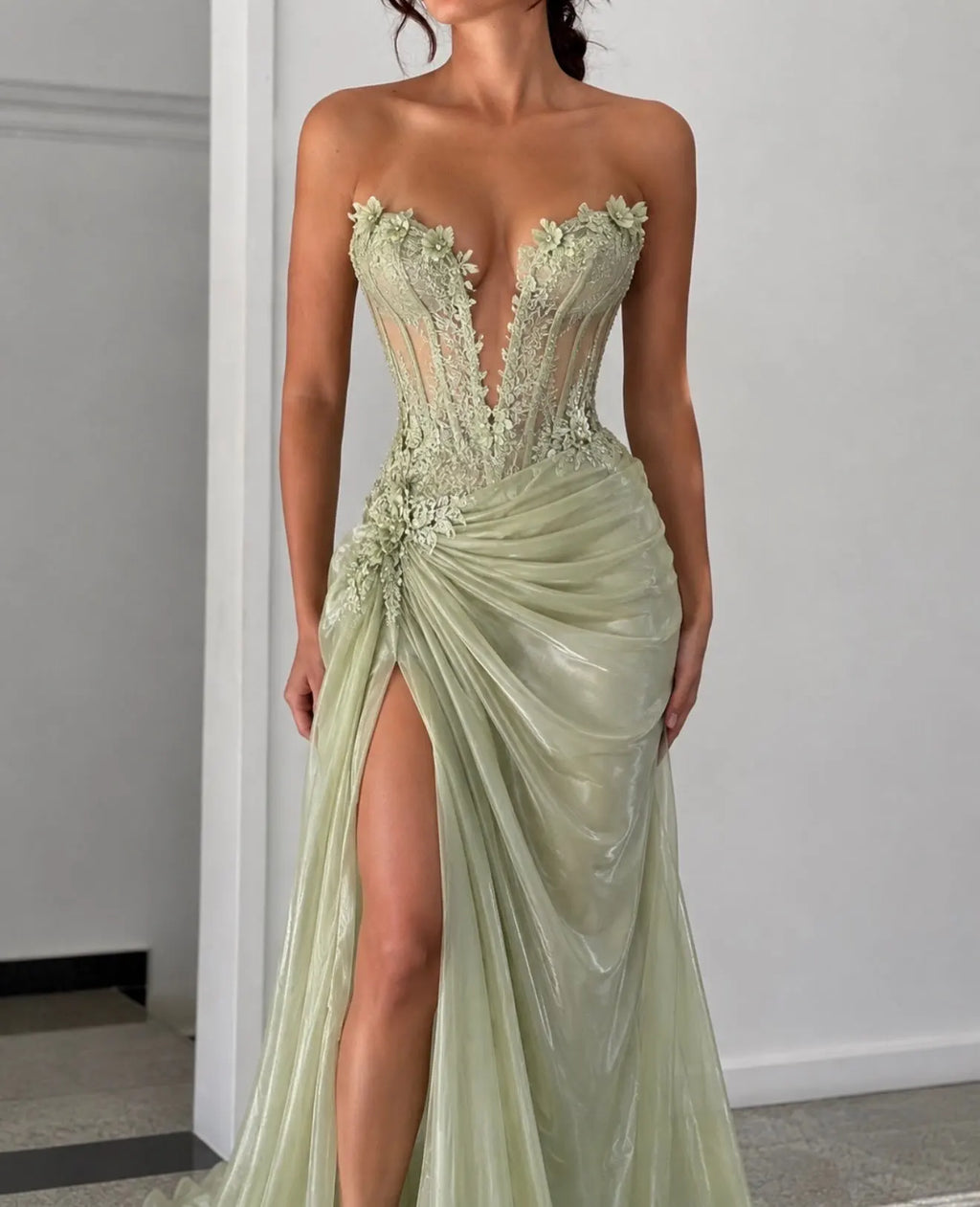 Mila Custom Sage Green Strapless Deep V Neck 3D Floral Sheer Corset High Slit Prom Dress Long Train Formal Evening Party Gown