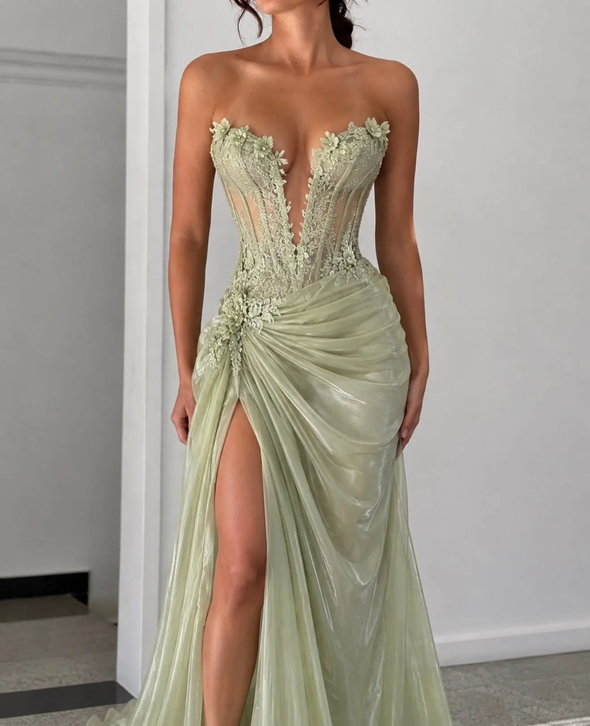 Mila Custom Sage Green Strapless Deep V Neck 3D Floral Sheer Corset High Slit Prom Dress Long Train Formal Evening Party Gown