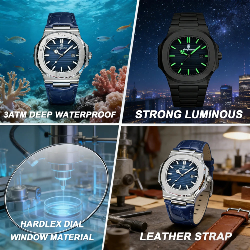 PAAZOMU Top Luxury Square Man Watch Date Waterproof Luminous Men Wristwatch High Quality Leather Men's Quartz Watches+Box Reloj