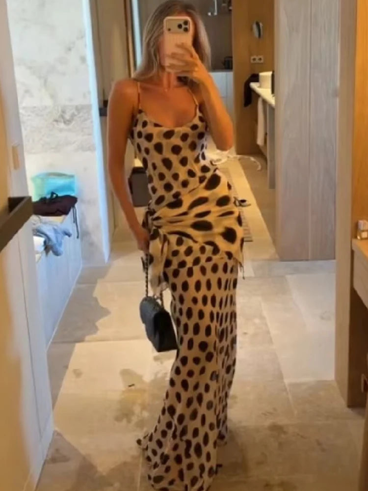 Trendy Slip Dress Animal Print V-neck Ruched Drawstring Sexy Maxi Women Dresses Beach Vacation Stylish Retro Summer Party Outfit