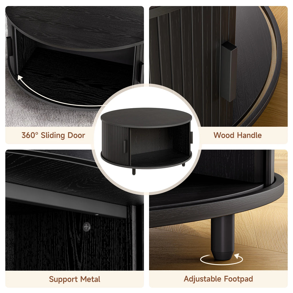 Round Coffee Table with Storage, 31.5 In Drum Coffee Table with 360° Curved Sliding Door, ModernFluted Wood Accent Coffee Tablee