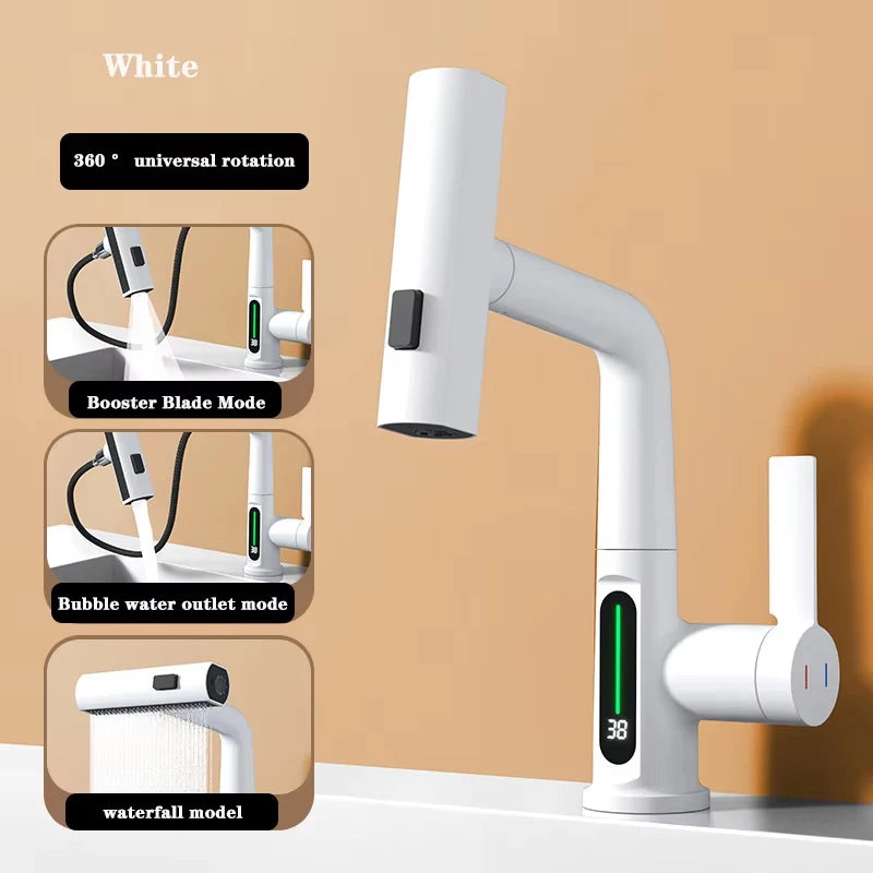Intelligent Digital Display Pull Out Kitchen Faucet Cold Hot Mixer Taps Rotatable Sink Lifting Basin Faucet