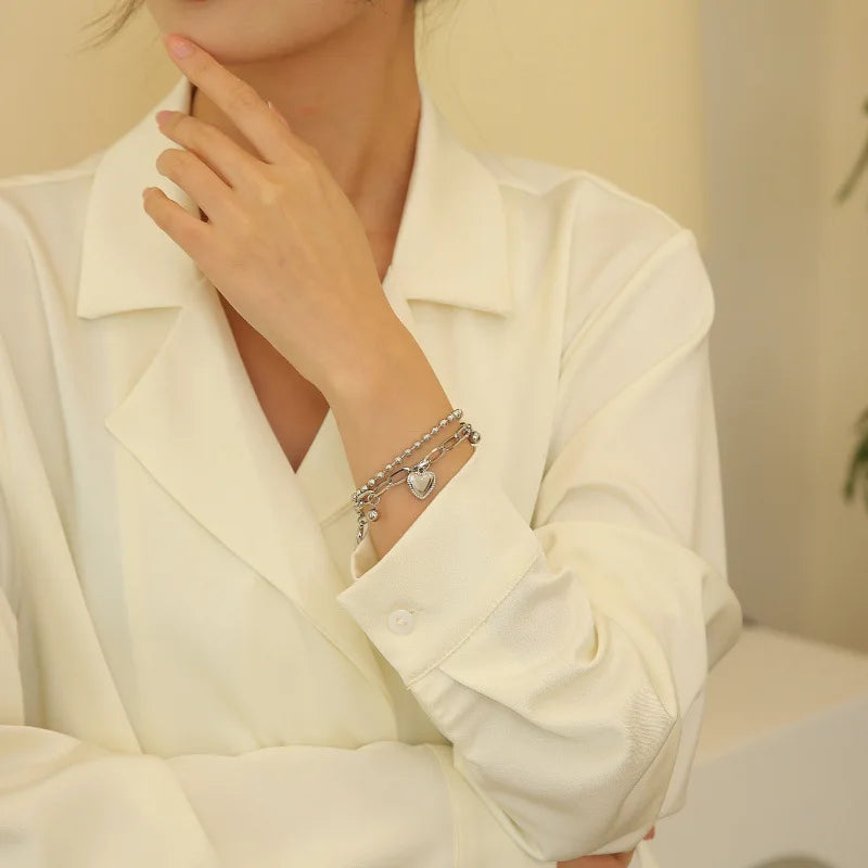 Ins Double-layers Korean Heart Tassel Bracelets for Women Sliver Love Thick Chain Beaded Bangle Hiphop Bracelet Jewelry Gift