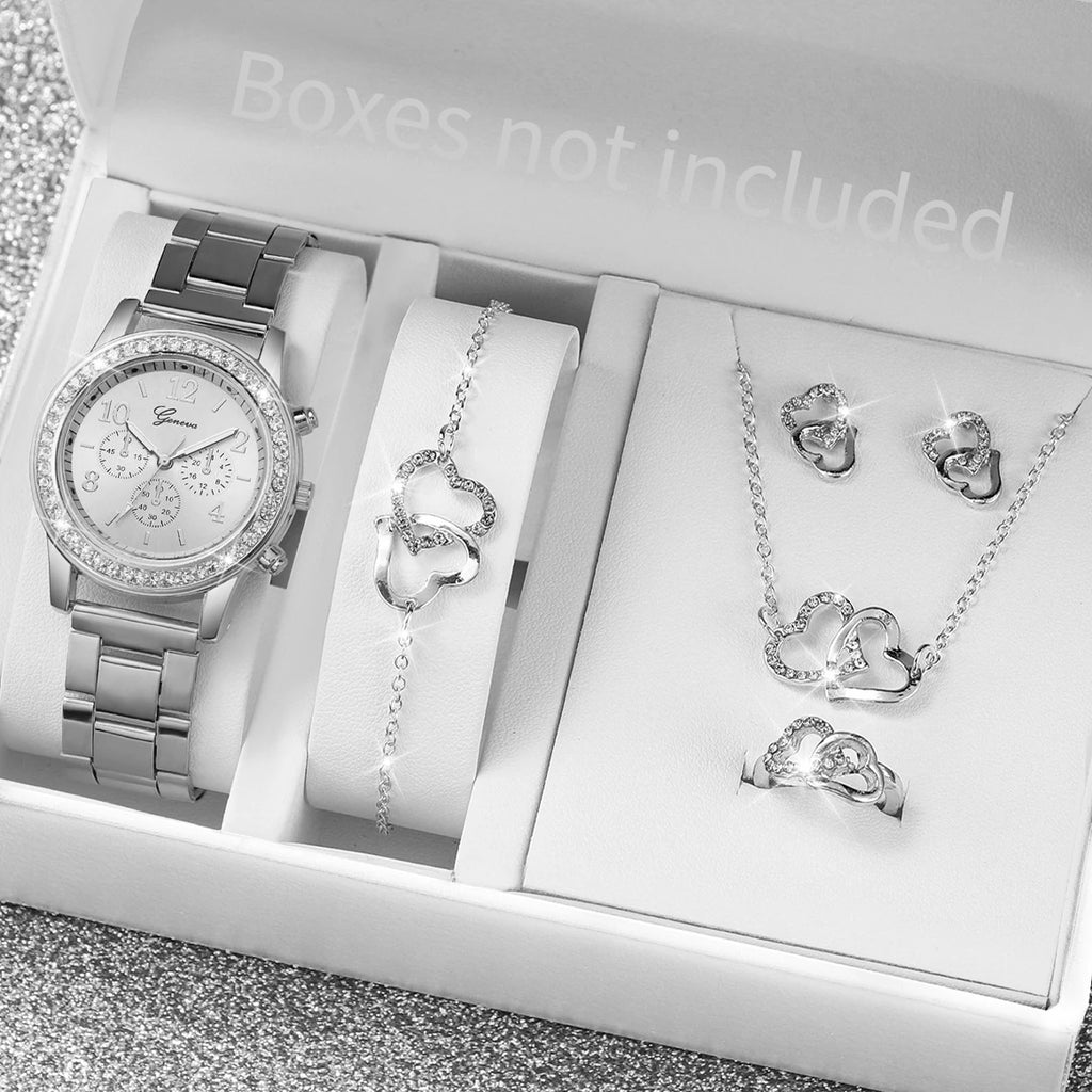 6PCS/Set Women's Watch Fashion Rhinestone Stainless Steel Band Quartz Watch Jewelry Set Reloj Mujer (Without Box)