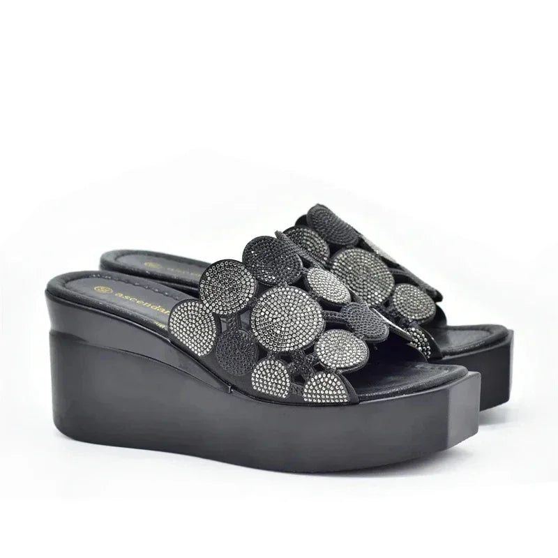 New Fashion Lady Shoes with Rhinestone Crystal Design Open Toe Sexy Nigerian Ladies Shoes Party Wedding Shoes Slippers Pumps