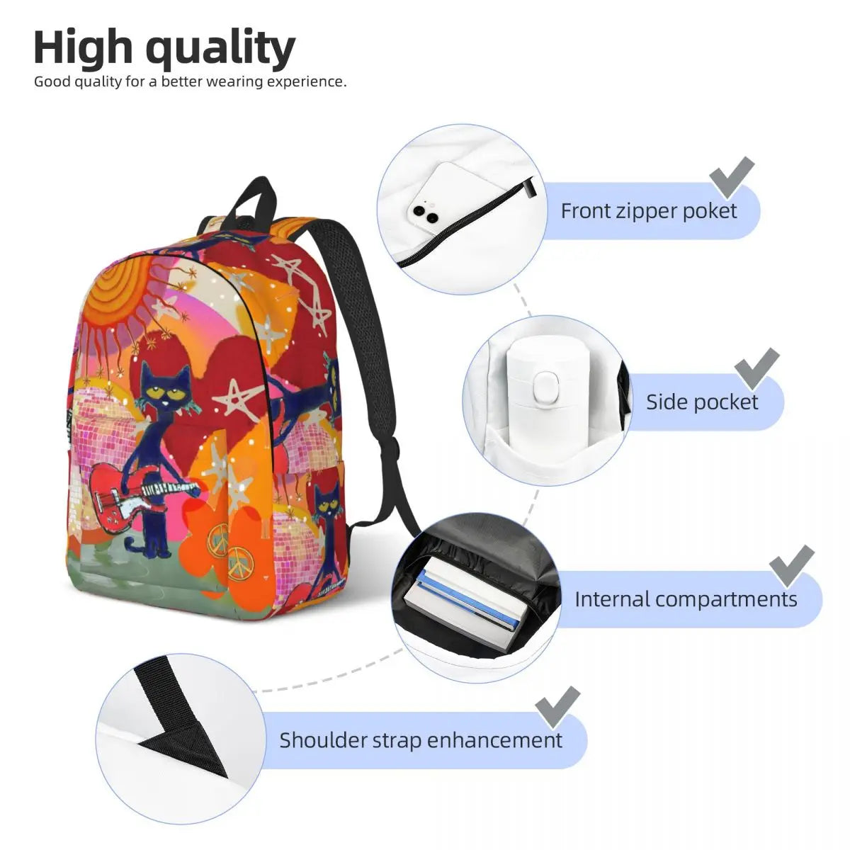 Pete The Cat I Love My White Shoes Backpack High School Business Cartoon Cats Daypack for Men Women Laptop Shoulder Bag