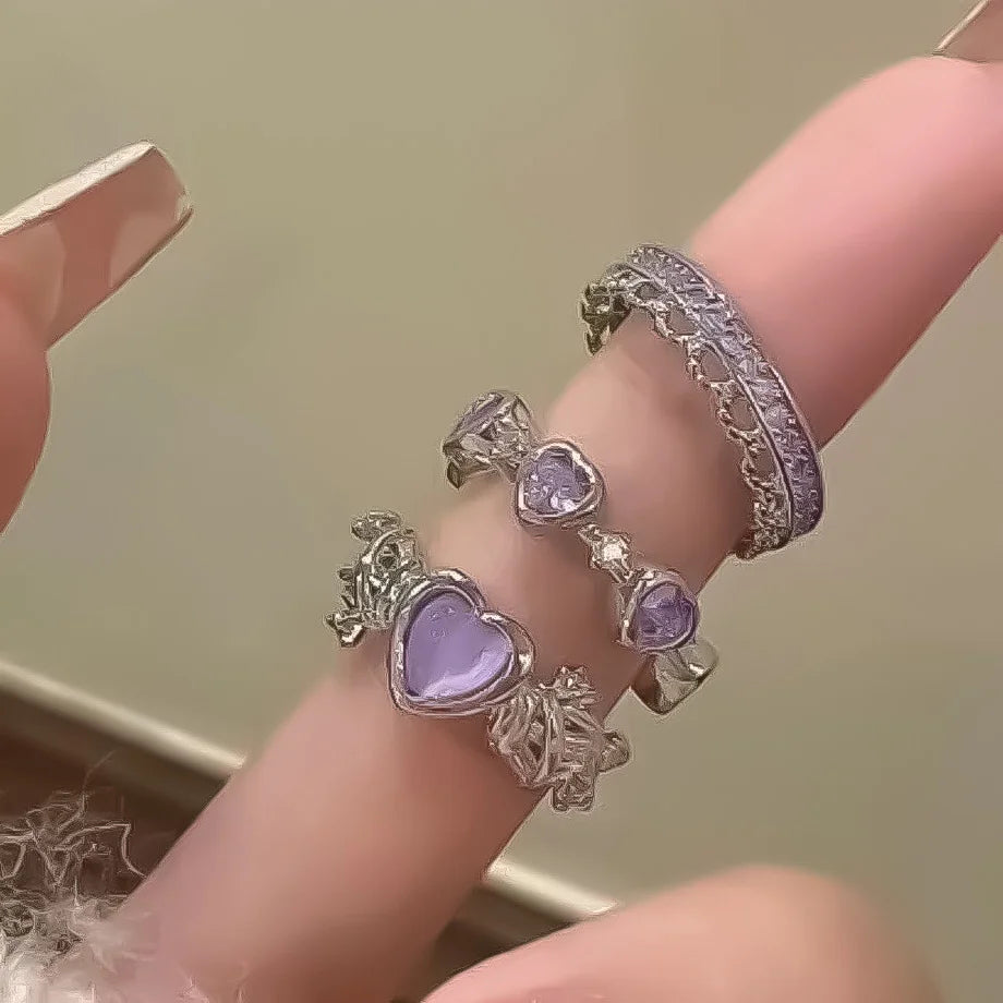 3 Pcs Set Love Heart Rings For Women Girls Light Luxury Sweet Rhinestone Opening Finger Ring Fashion Wedding Party Jewelry Gifts