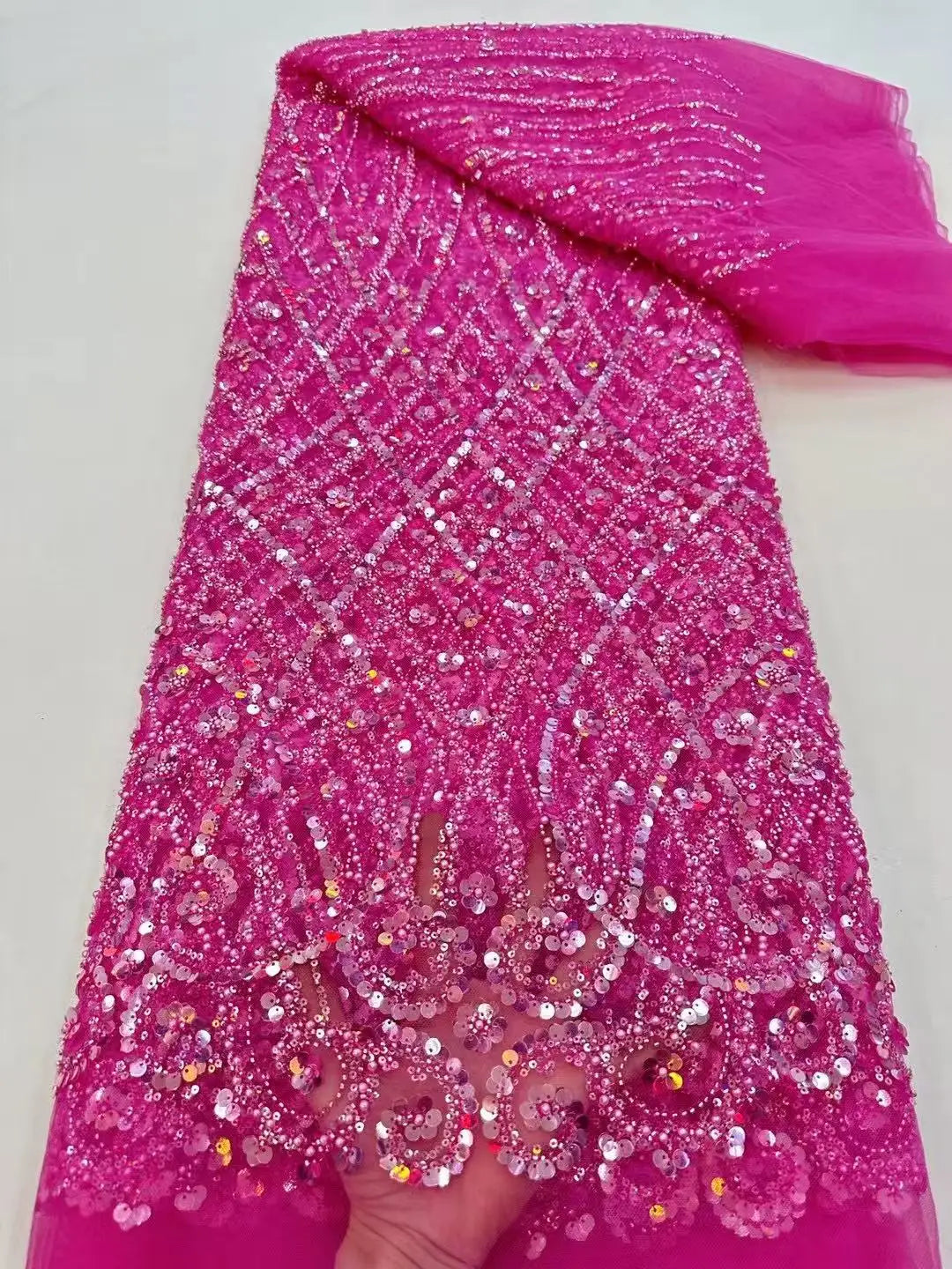 African Sequins Lace Fabrics Fashion Nigerian Embroidery Beaded Tulle Lace Fabric High Quality For Sewing Cloth Party Dress