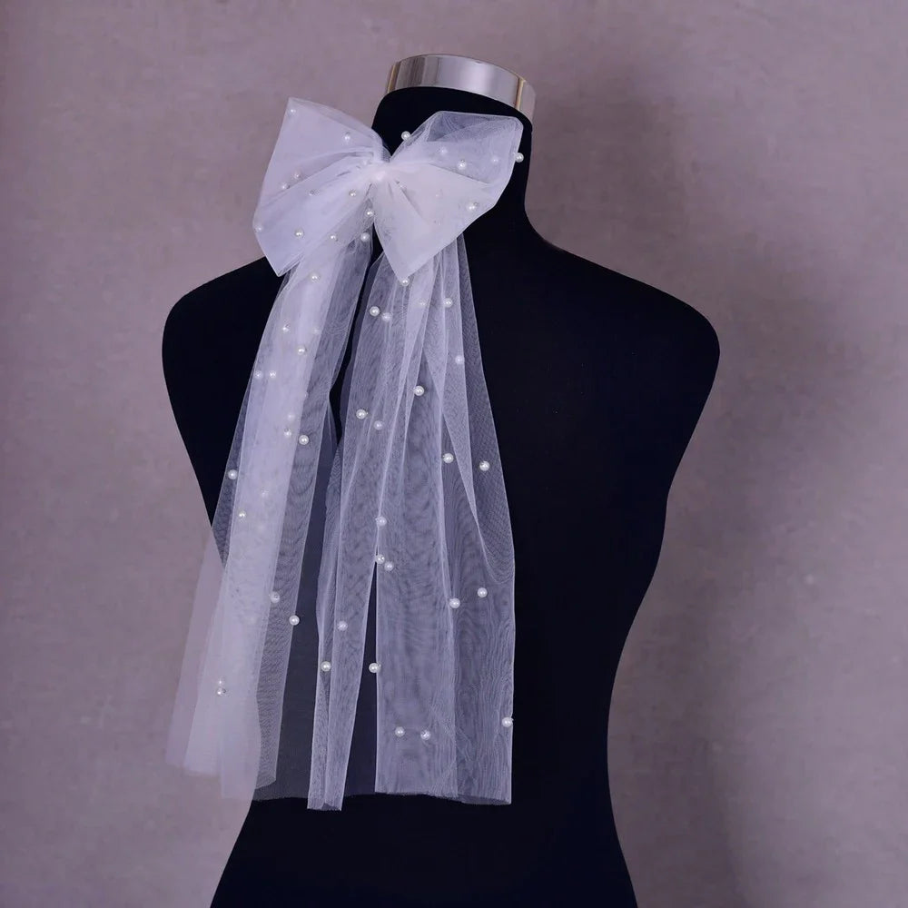 Women Long Ribbon Mesh Bow Hair Clips Elegant Pearls Hairpin White Mesh Hairpins Wedding Party Bride Hair Accessories