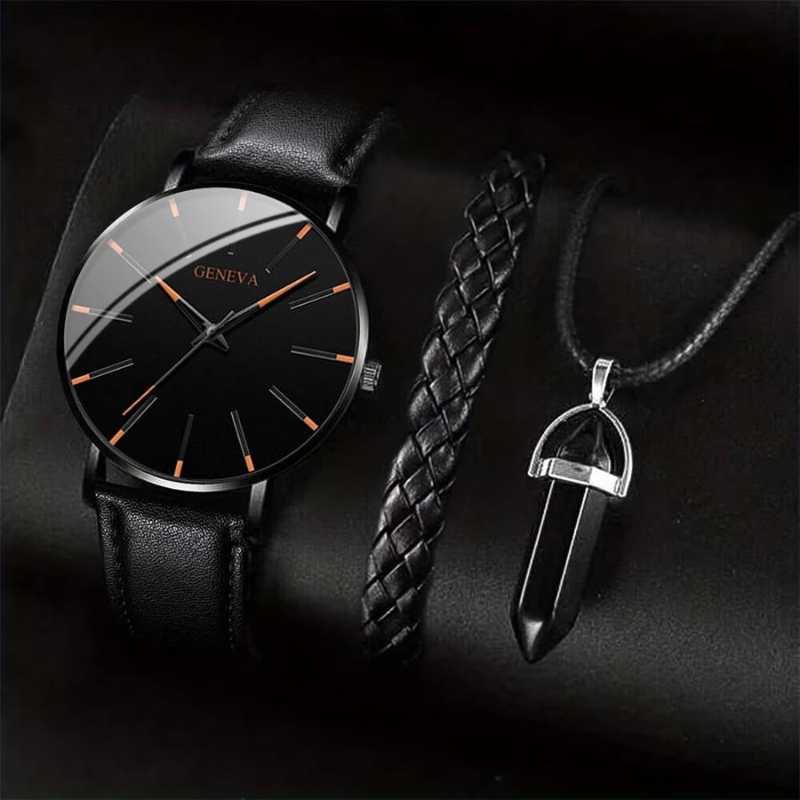 3PCS/Set Fashion Men's Watch Casual Leather Band Quartz Wristwatch Men Business Watches Bracelet Necklace Set