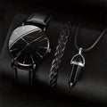 3PCS/Set Fashion Men's Watch Casual Leather Band Quartz Wristwatch Men Business Watches Bracelet Necklace Set
