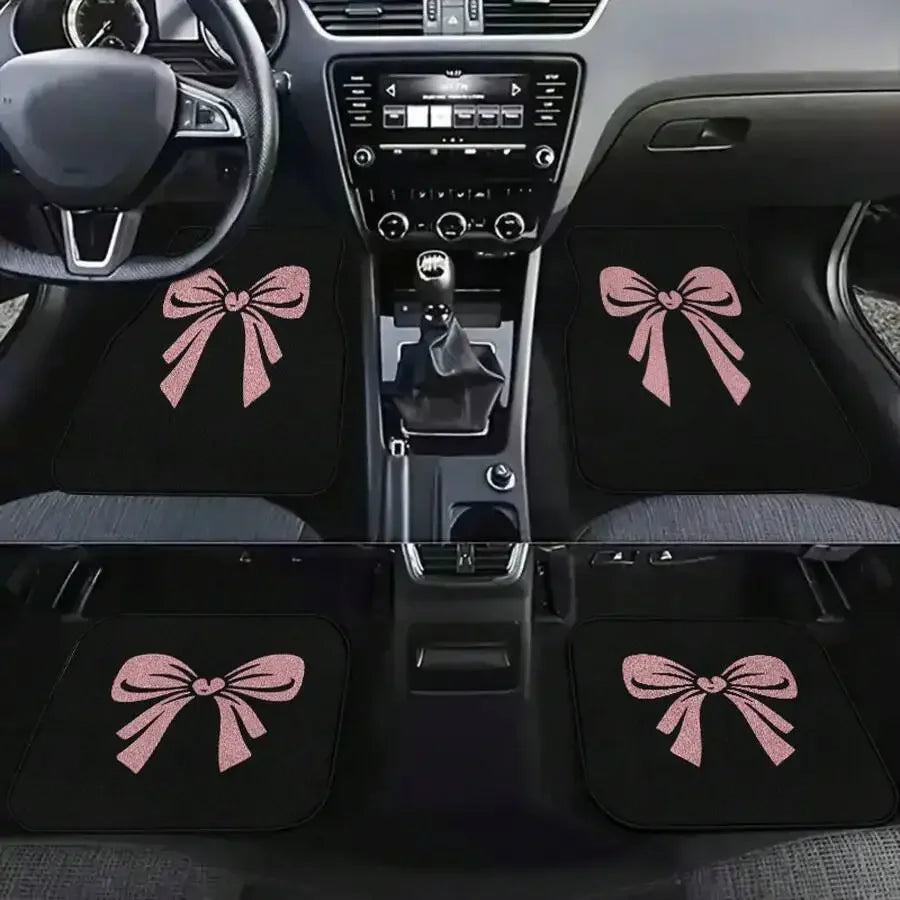 4 Piece Universal Car Floor Mats With Pink Bow Design Polyester All Weather Mat For Sedan SUV Truck