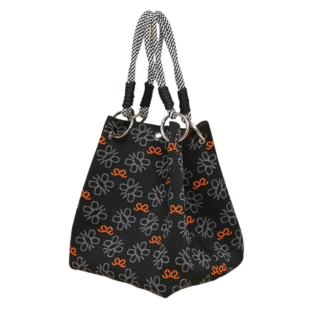 Cute Cartoon Knitted Bucket Bag Handmade Woven Ring Buckle Wrist Bag Large Capacity Tote Bag for Women Girls