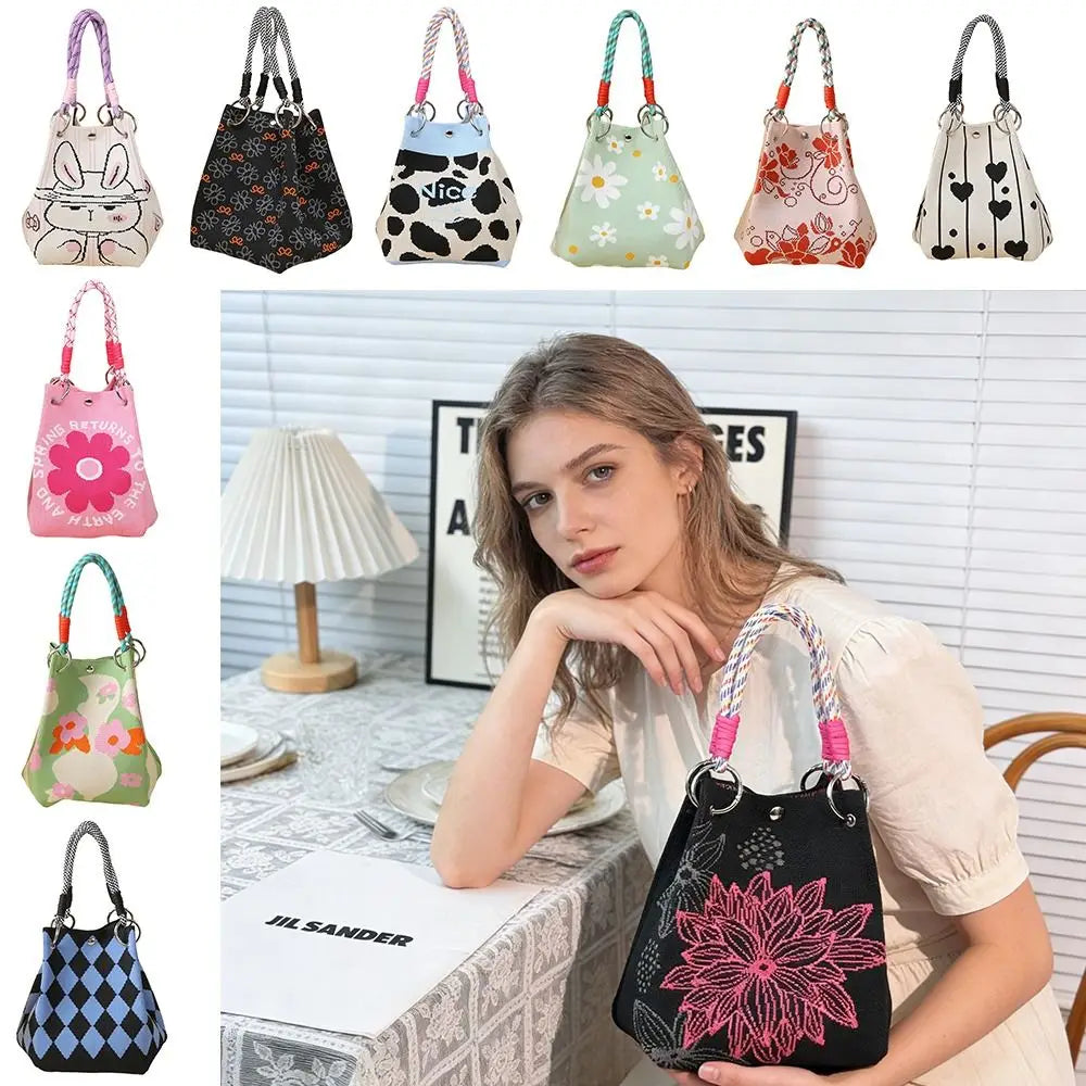 Cute Cartoon Knitted Bucket Bag Handmade Woven Ring Buckle Wrist Bag Large Capacity Tote Bag for Women Girls