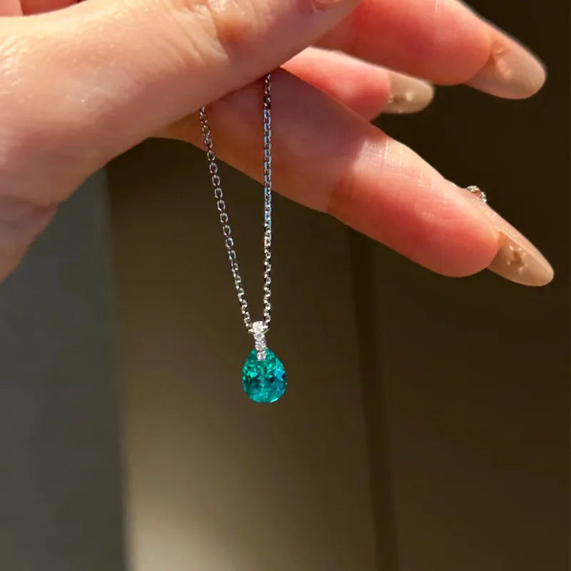 S925 Silver Blue Geometric Water Drop Necklace Women CZ Pendant Elegant Hypoallergenic for Important Occasions Gift for Friends