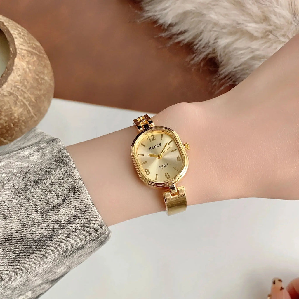 Women's Oval Gold Simple & Fashionable Quartz Watch, Suitable for Daily Wear and Decoration
