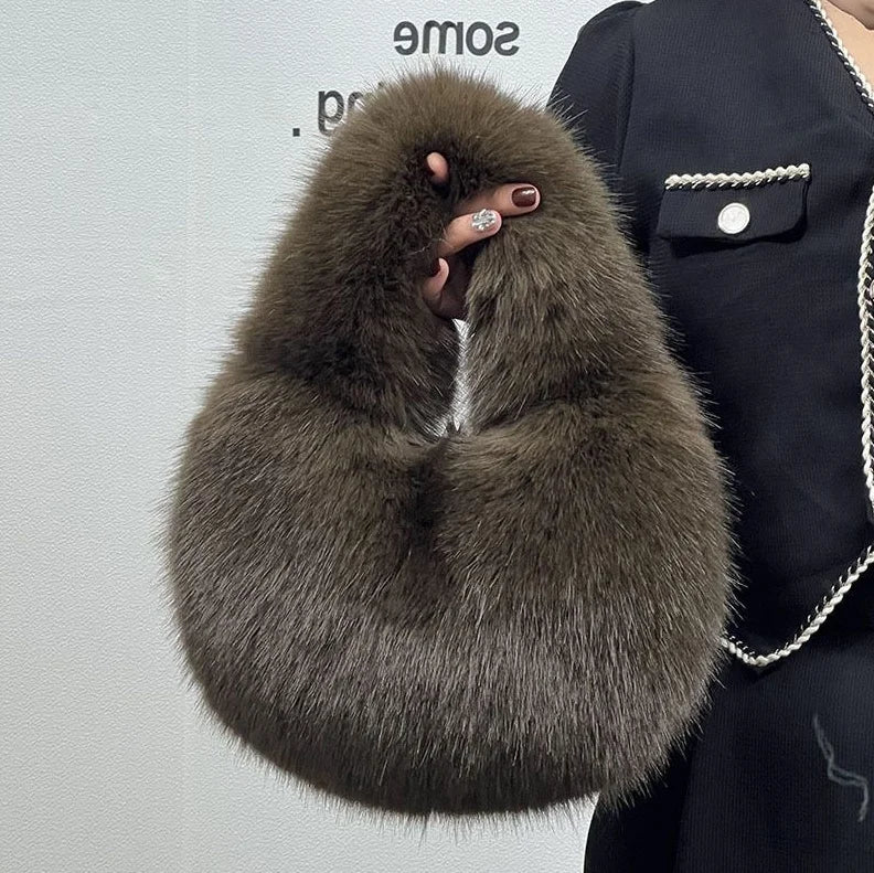 Winter Casual Furry Shoulder Bags for Women Solid Color Soft Plush Ladies Clutch Purse Handbags Lightweight Female Hobos Bag