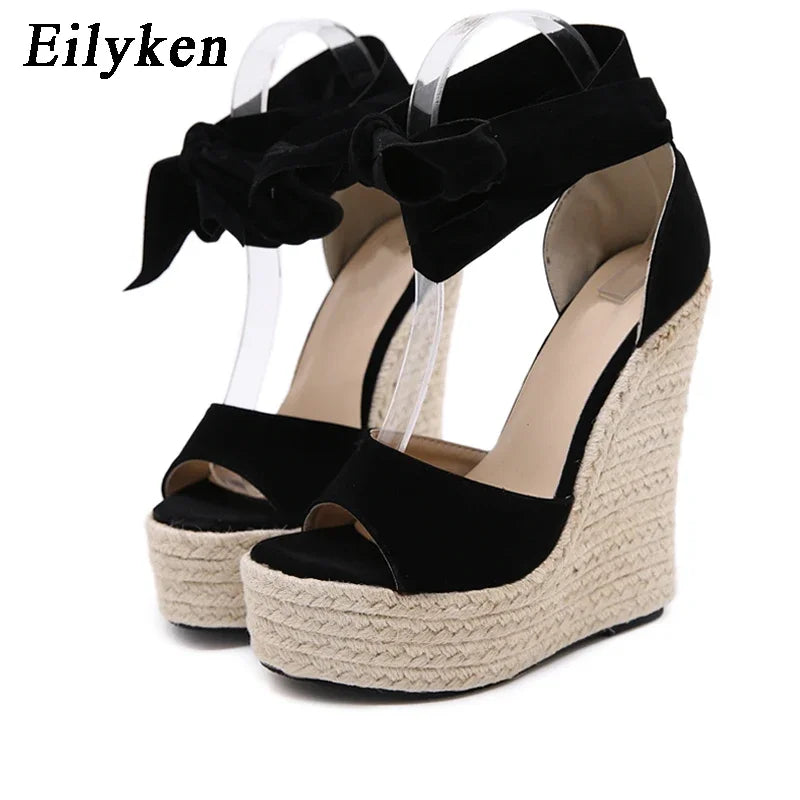 EilyKen Summer Butterfly-Knot Open Toe Women Sandals Fashion Solid Platform High Heel Wedge Shoes Ankle Lace-up Pumps
