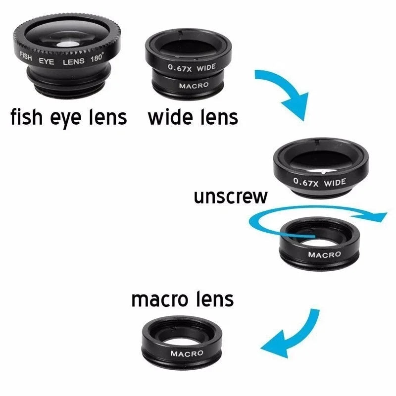 3in1 Fisheye Wide Angle Micro Camera Lens for iPhone Xiaomi Redmi 3in1 Zoom Fish Eye Len on Smartphone Lenses with Phone Clip
