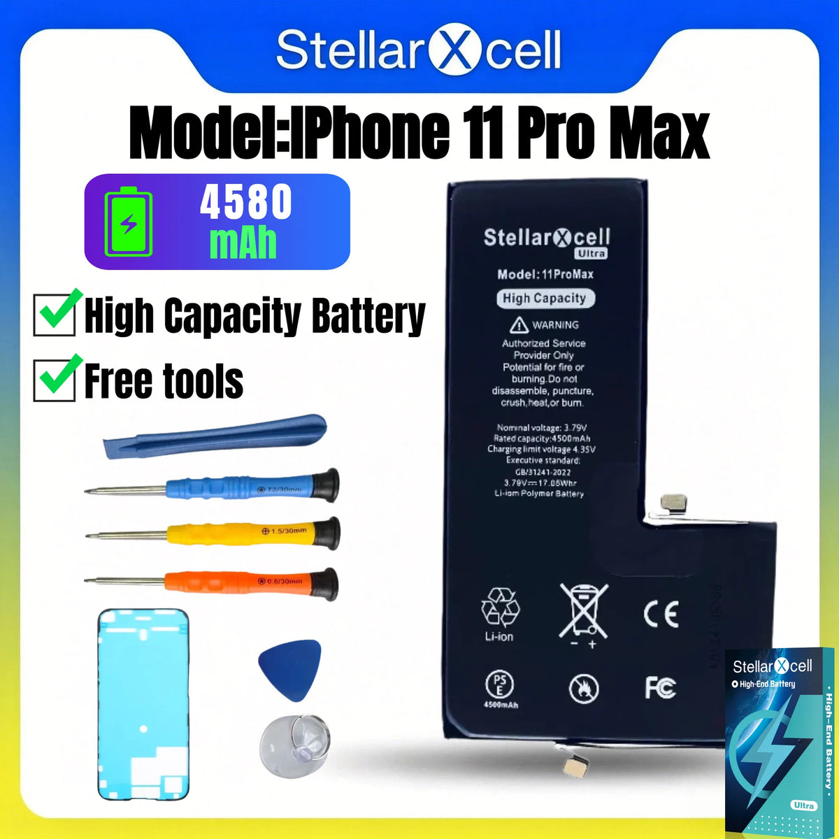 StellarXcell Ultra Original Battery High Capacity Cell for iPhone 7037 TI for 11 12 13 14 15 Pro Plus promax mini with Free Tool