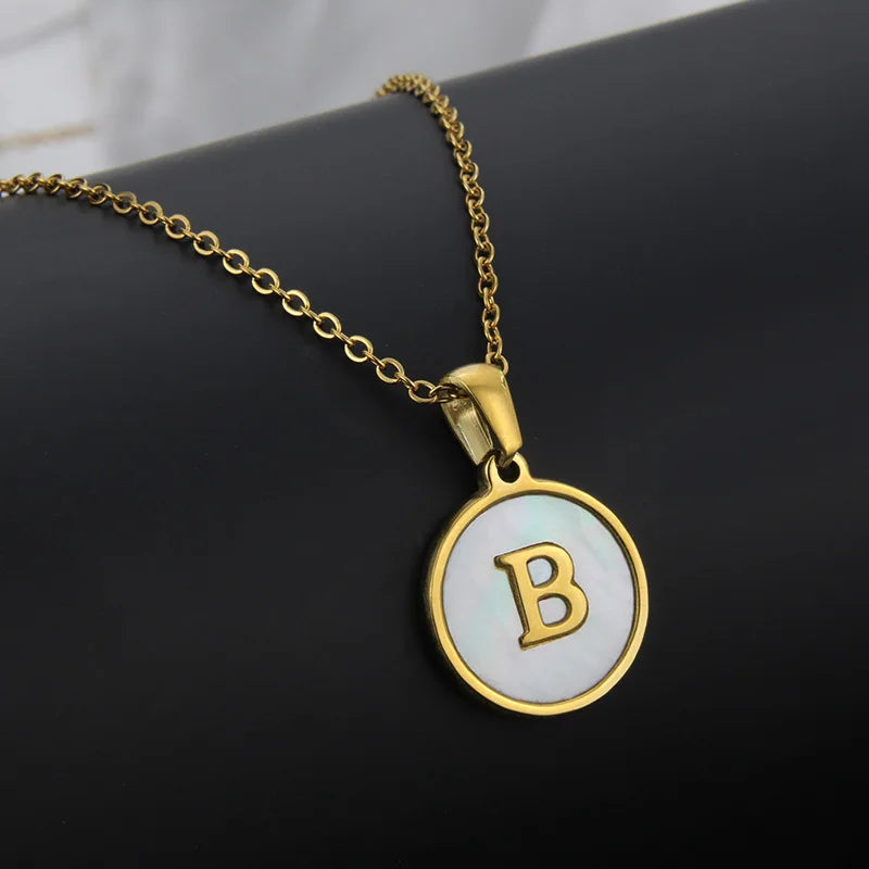 Initial Letter Necklaces for Women Trendy Stainless Steel Circle Couple Pendant Inlaid Shell Jewelry