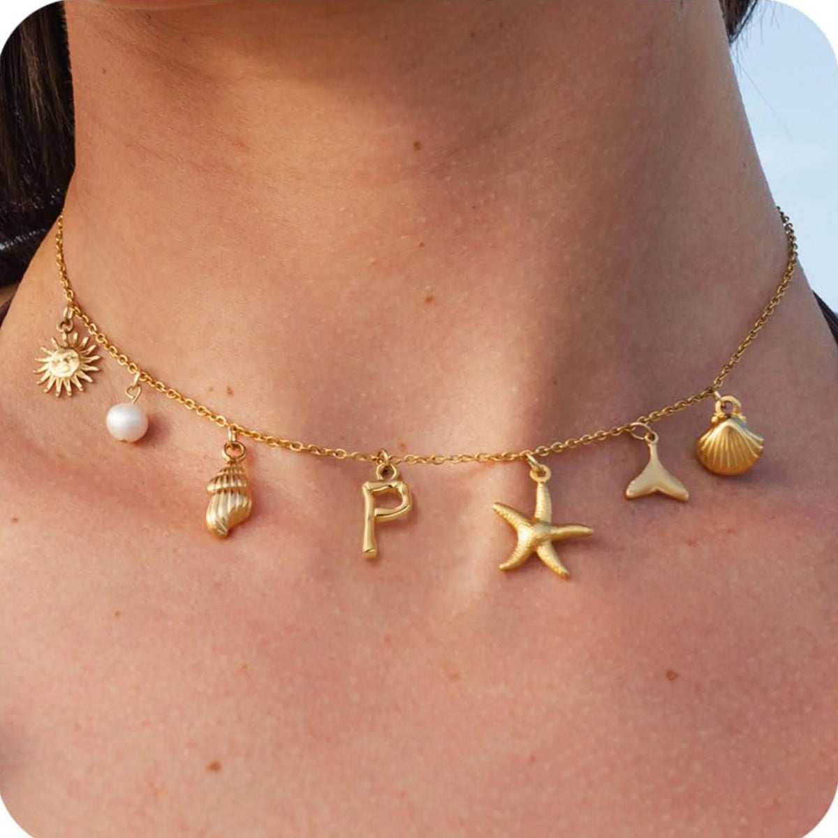 MHS.SUN Starfish Shell Initial Necklace Waterproof 18K Gold Plated Stainless Steel Charm Necklaces Surfer Girl Summer Beach Gift