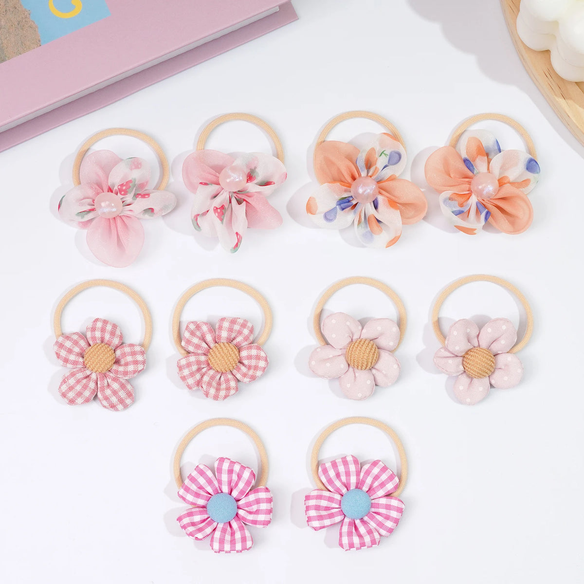 8/10Pcs Boutique Childrens Hair Ties with Flowers, Hair Bow Ties for Girls, Elastics Ponytail Holders Pigtails Rubber Band
