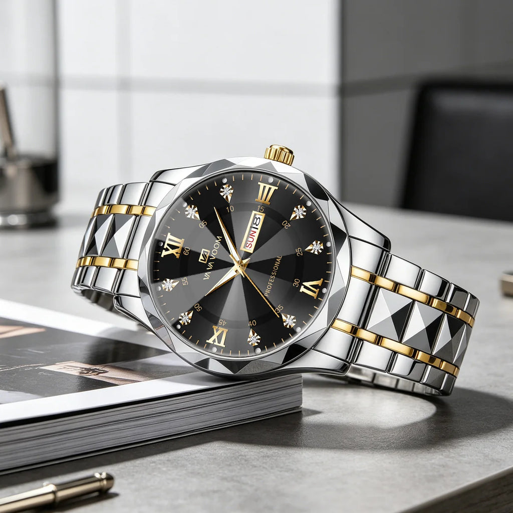Stainless Steel Watch Men Dual Tone Strap 41mm Blue Rhinestone Dial Quartz Business Clock Suitable Dinners Dates Formal Watches