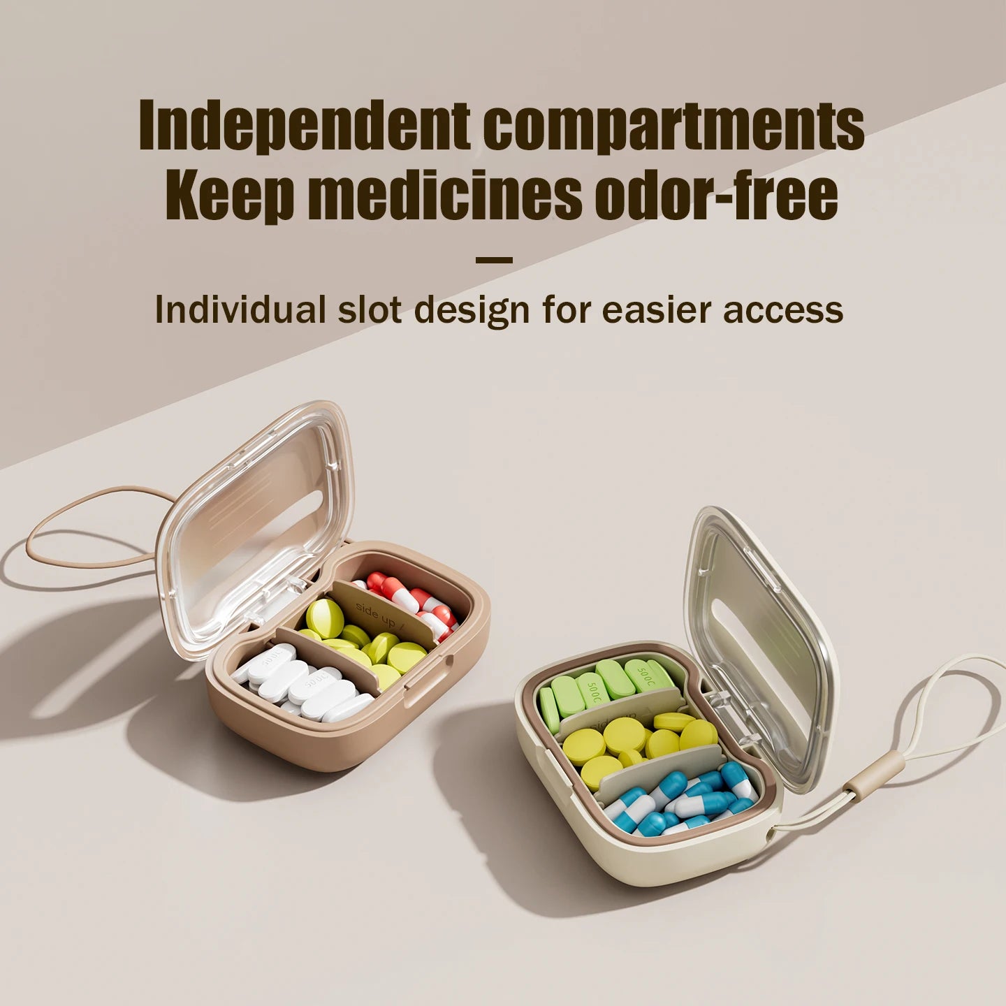 3-Compartment Airtight Waterproof Portable Pill Case with Lanyard, Semi-Transparent Moisture-Resistant Daily Pill Organizer