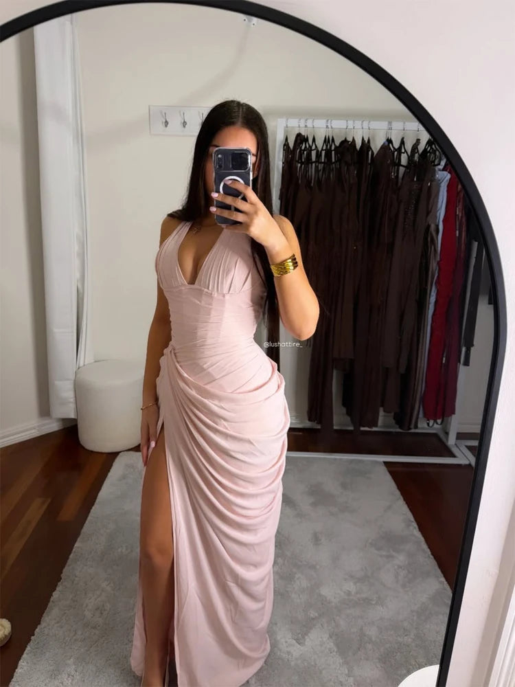 Sexy Solid Pleated Halter Women's Dress Fashion Sleeveless Backless Waist-cinching Split Maxi Dresses 2026 Summer Party Gowns