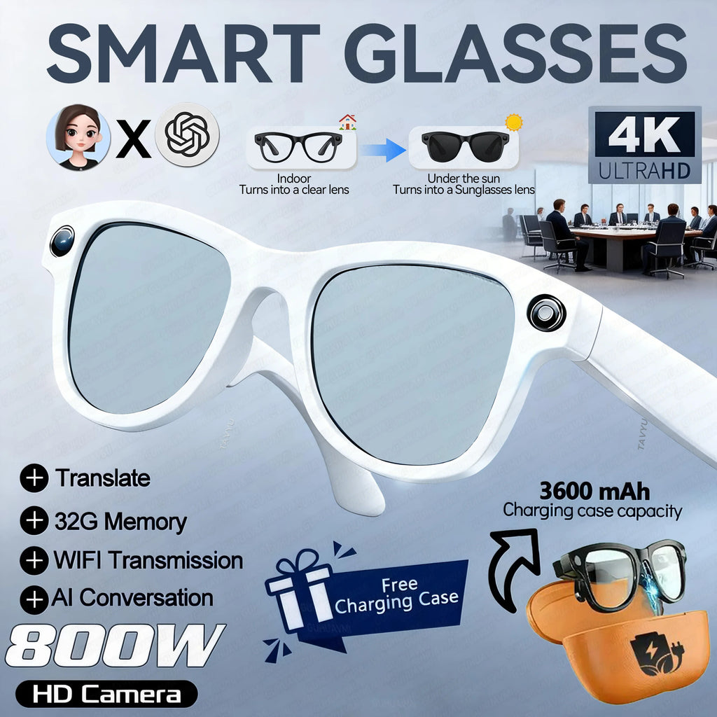 2026 New TOP1 Photochromic Smart Glasses 8MP HD Camera 30MP Photo 1200P Video Recording AI Translation Bluetooth Call Sunglasses