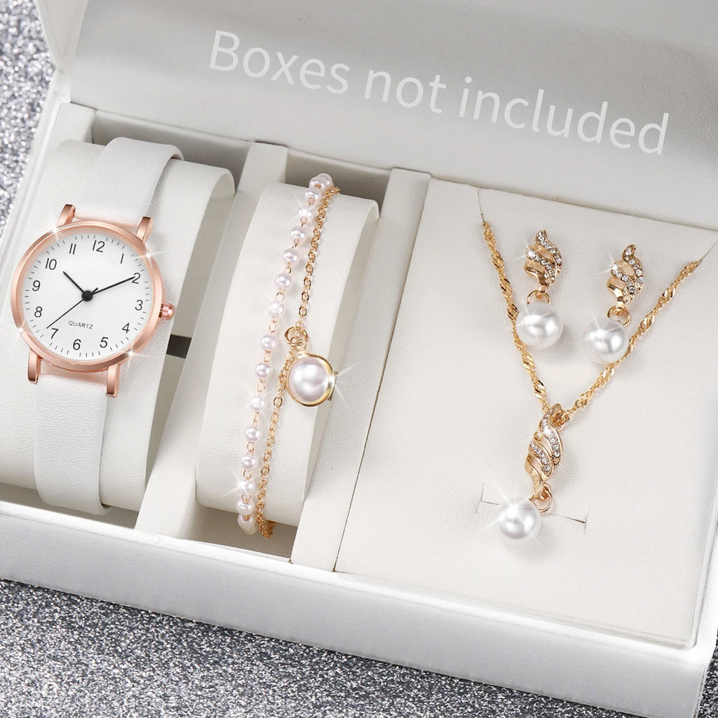 5/6PCS Fashion Women's Quartz Watch Leather Band Analog Quartz Watches with Diamond Jewelry (Without Box)