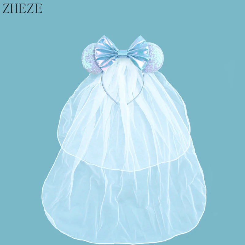 White Day Mouse Ears Headband With Veil Sequins 5"Bow Headwear For Women Festival Hairband Single Party DIY Hair Accessories