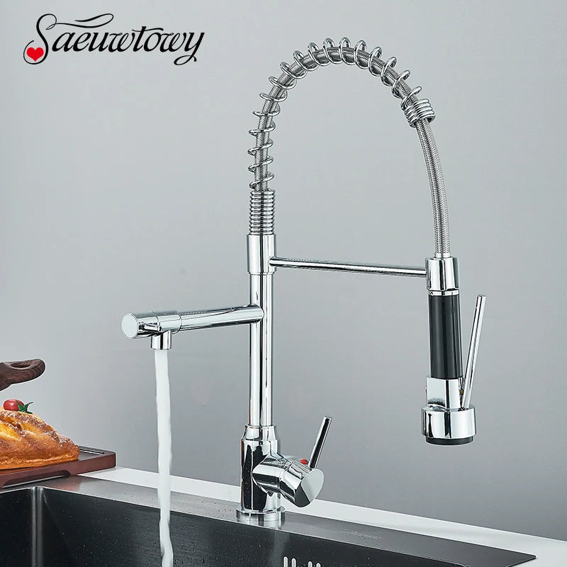 Chrome Spring Pull Down Kitchen Faucet Hot and Cold Water Deck Mounted Tap 360 Rotate Single Hole Single Handle