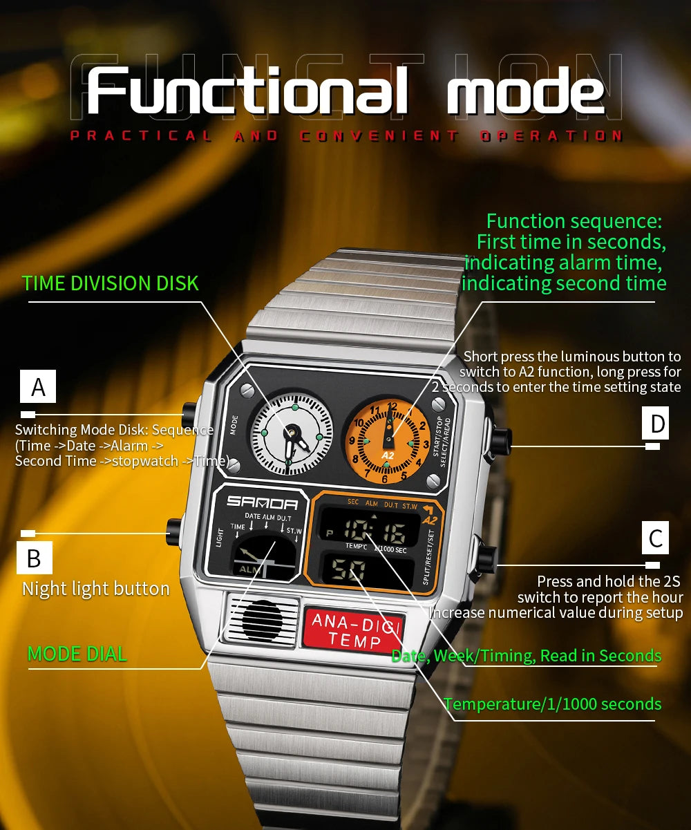 SANDA 3192 hot selling LED electronic square men's youth leisure thermometer stopwatch timing code multifunctional men's watch