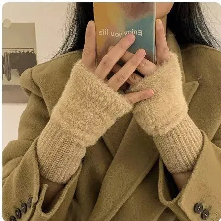Women's Warm Plush Half-Finger Gloves for Autumn Winter Multi-Functional Cute Office Wear Cold-Resistant Fingerless Mittens