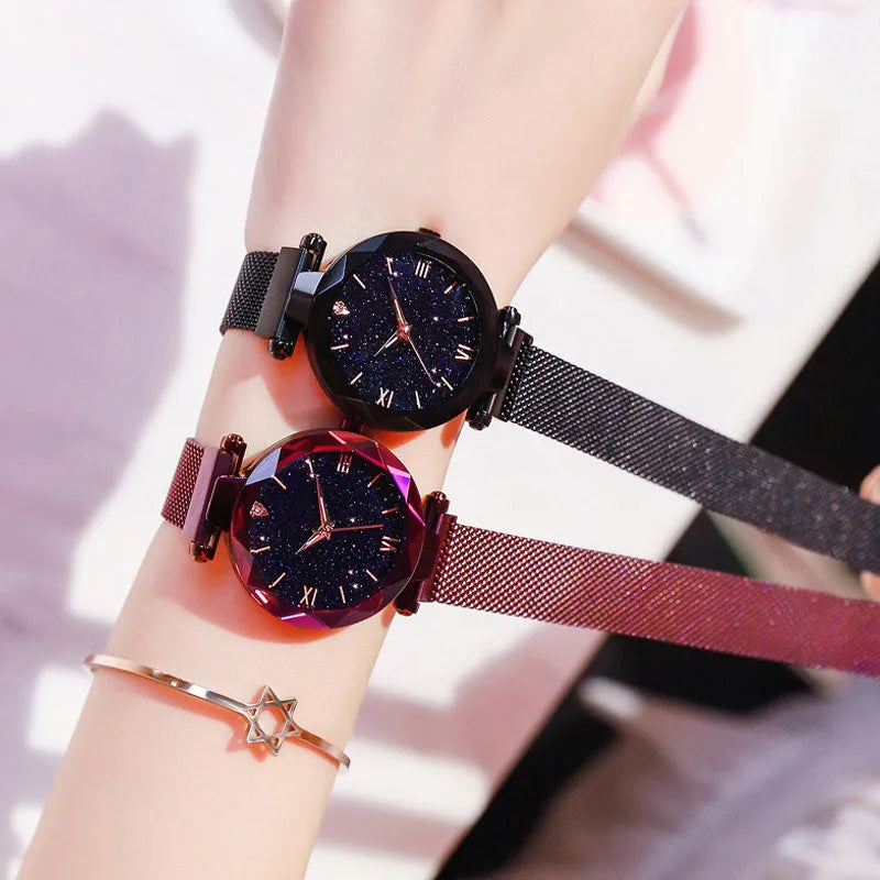 1pcs Moda Feminina Starry Sky Relógios Magnet Buckle Mesh Belt Diamante Quartz Watch Mulheres Vestido Relógio