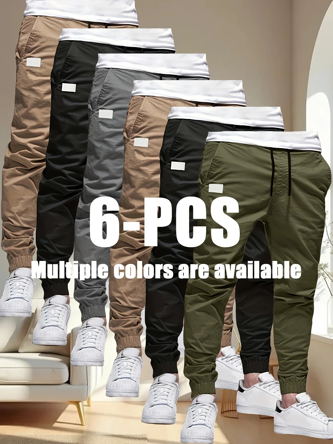 6pcs men's seasonal loose long waistband multi pocket workwear pants, solid color pants, casual outdoor sports holiday gifts