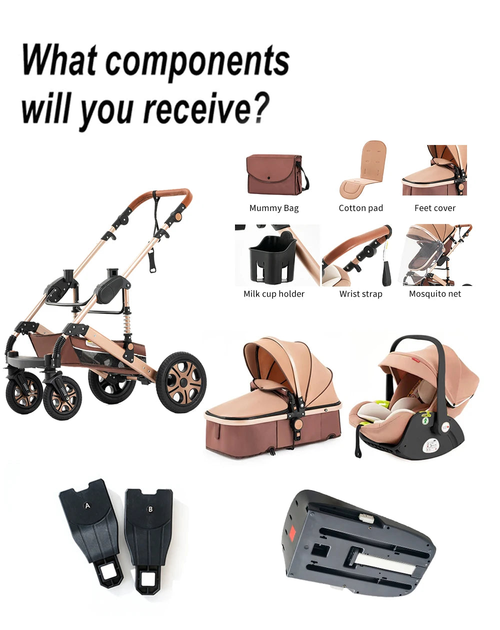 3-in-1 Baby Stroller Car Seat Set, Travel System for Newborn, Baby Carriage with Isofix Base Reversible Stroller Upto 55lbs, Foldable Stroller Suit Newborn to Toddler