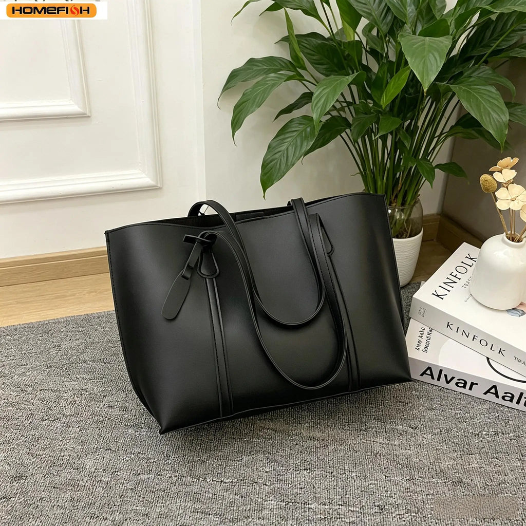 Korean Style Women Soft Leather Tote Bag Large Capacity Versatile Single Shoulder Handbag Purse Casual Daily Shoulder Bag